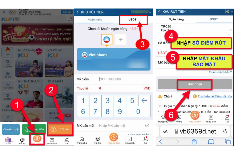 Rút tiền với phương thức USDT
